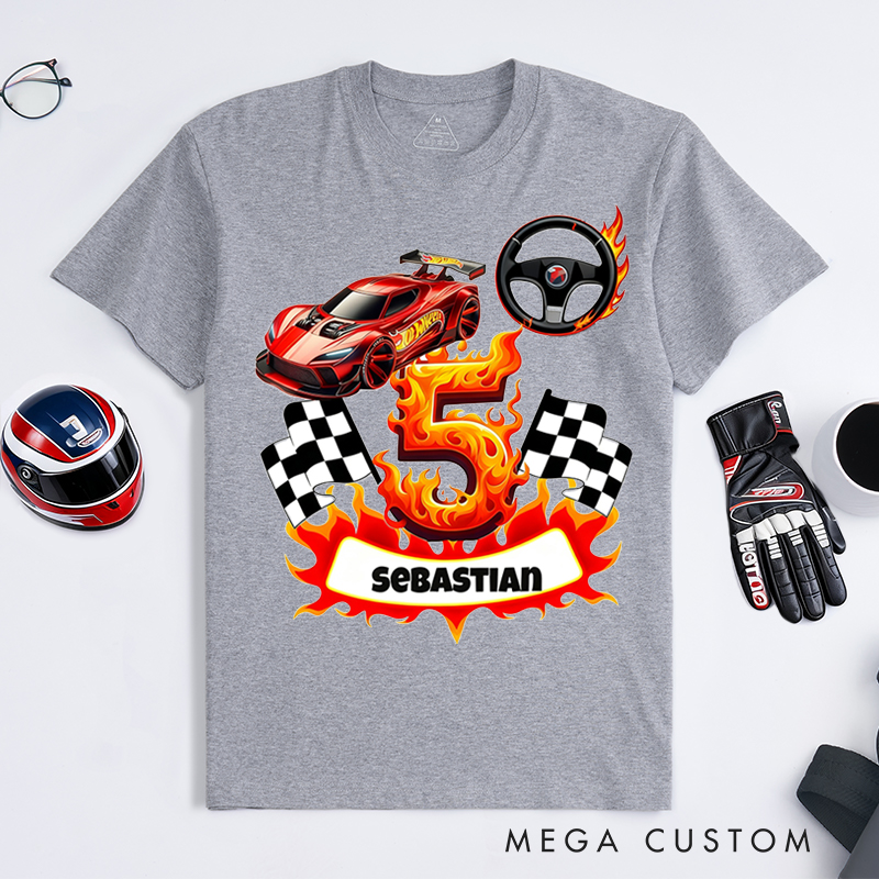 Personalized Racing T-Shirt Custom Name and Number Flame Car Checkered Flag Design for Racers and Racing Lovers