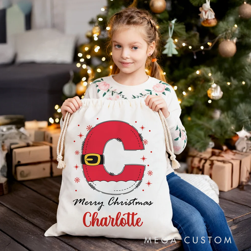 Personalized Snowflake Santa Claus Initial Drawstring Christmas Gift Bag with Name Merry Christmas Gift for Kids Family