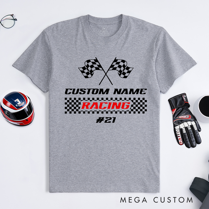 Personalized Racing T-Shirt Custom Name and Number Race Team Tee Gift for Racers and Racing Lovers