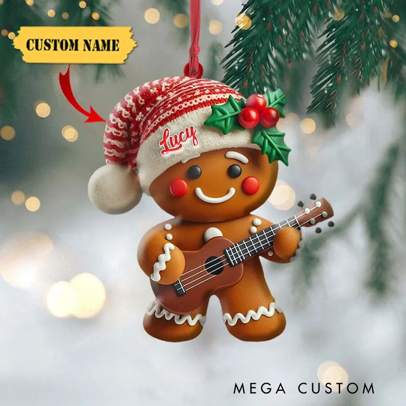 Personalized Gingerbread Playing Piano Ornament Custom Name Ukulele Christmas Tree Ornament Music Band Ornament