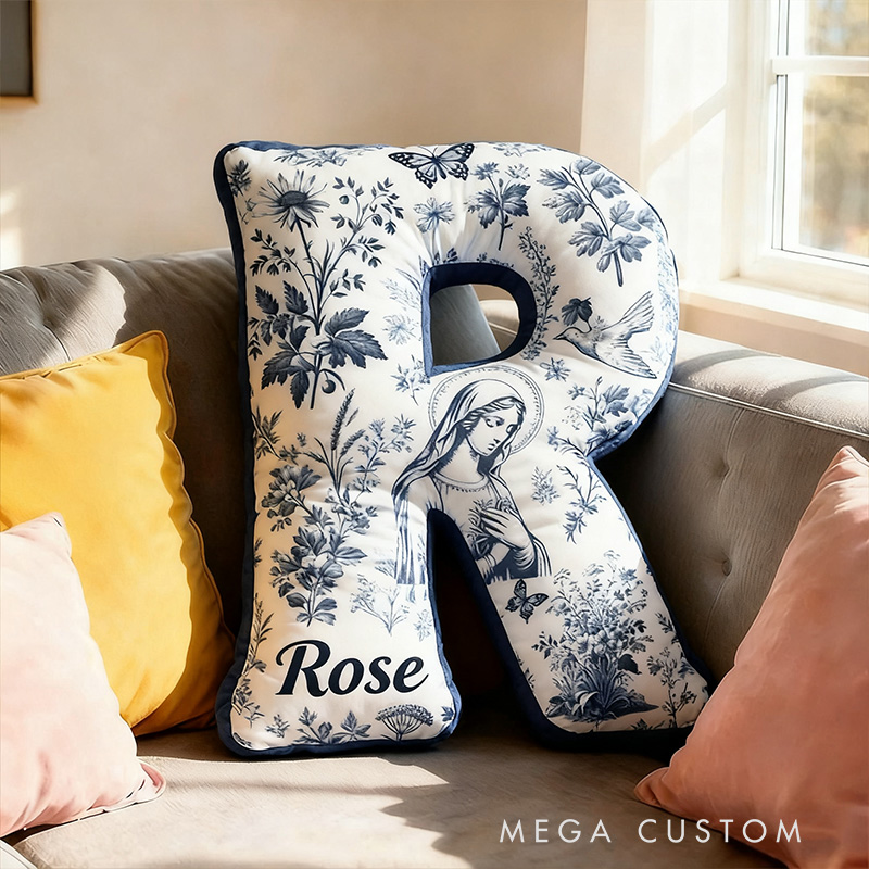 Personalized Catholic Virgin Mary Toile Pillow with Name Home Decor Our Lady Pillow Vintage Floral Catholic Marian Pillow Christian Gift for Women