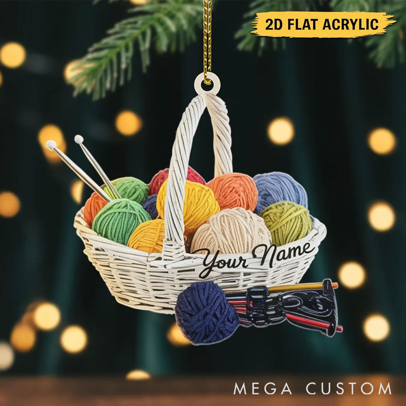 Personalized Knitting Ornament  Custom Yarn Basket with Needles Acrylic Christmas Ornament Gift for Knitting Lovers