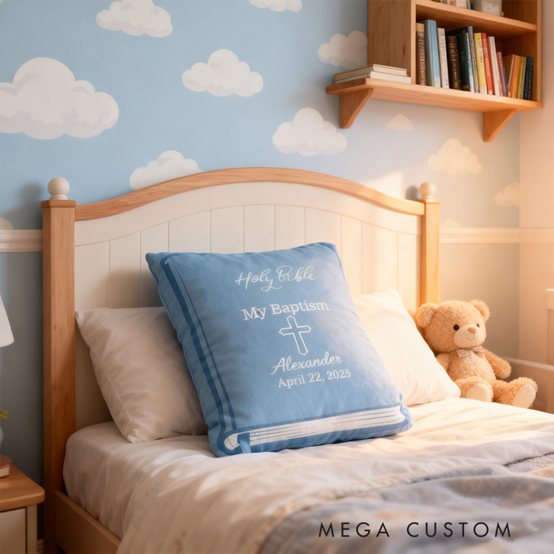 Personalized Baptism Bible Pillow with Name and Date Home Decor KJV Bible Pillow Children's Bible Keepsake For Baby Religious Gift for Faith Milestone