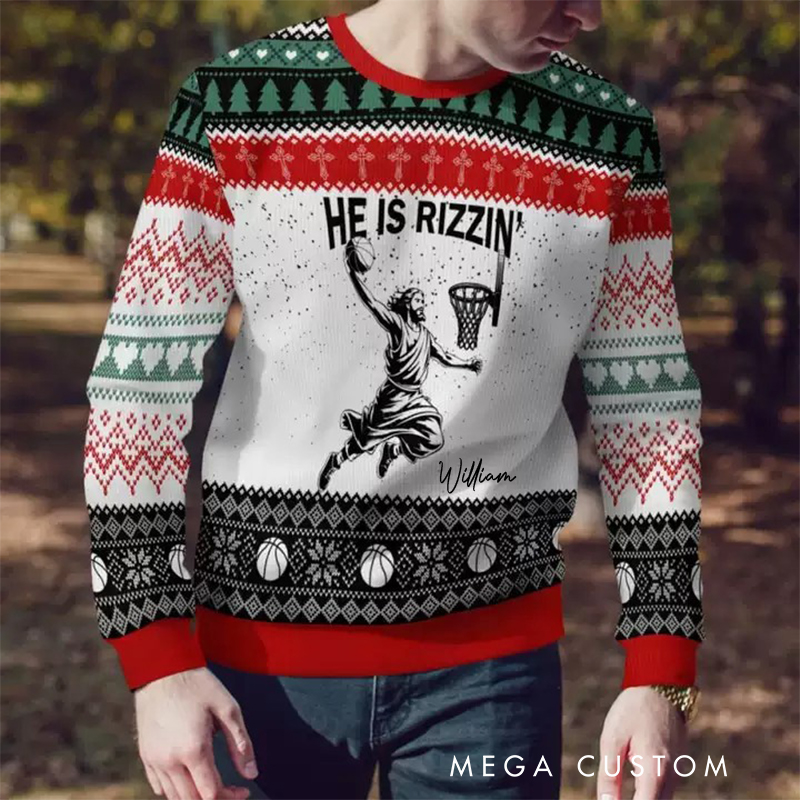 Personalized "He Is Rizzin'" Basketball Ugly Christmas Sweatshirt with Custom Name – Funny Jesus Basketball Meme Gift for Basketball Lovers