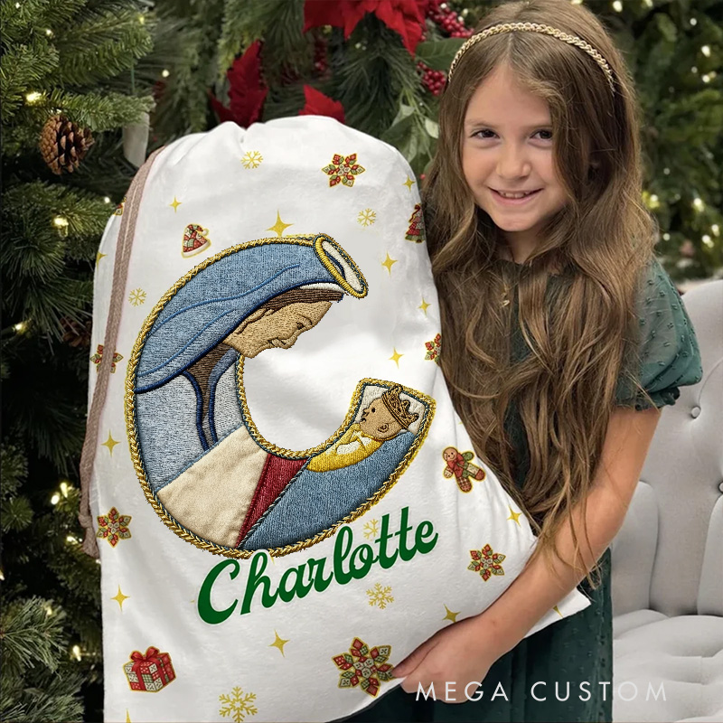 Personalized Christian Christmas Tree Snowflake Initial Drawstring Canvas Gift Bag with Name Collage Style Christmas Eve Party Favors for Kids Family