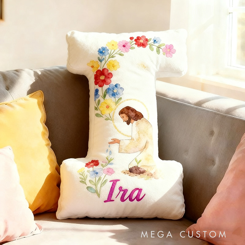 Personalized Jesus Sowing Seeds Letter Pillow with Custom Name Home Decor Christian Colorful Floral Pillow Religious Gift for Her