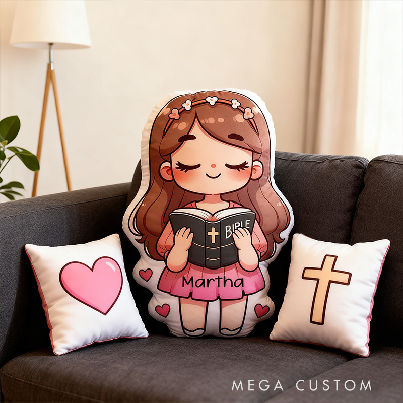 Personalized Cute Girl Holding Bible Pillow with Custom Name Kids Room Decor Religious Christian Faith Gift for Girl
