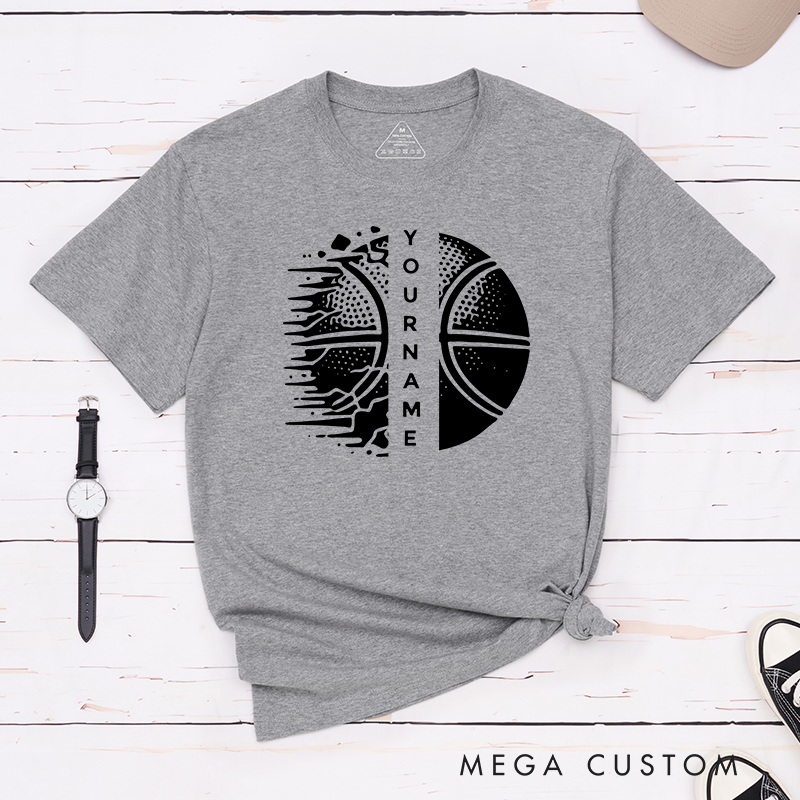 Personalized Basketball T-Shirt Design Featuring Custom Name Split Basketball Graphic with Dynamic Halftone and Shattered Effects
