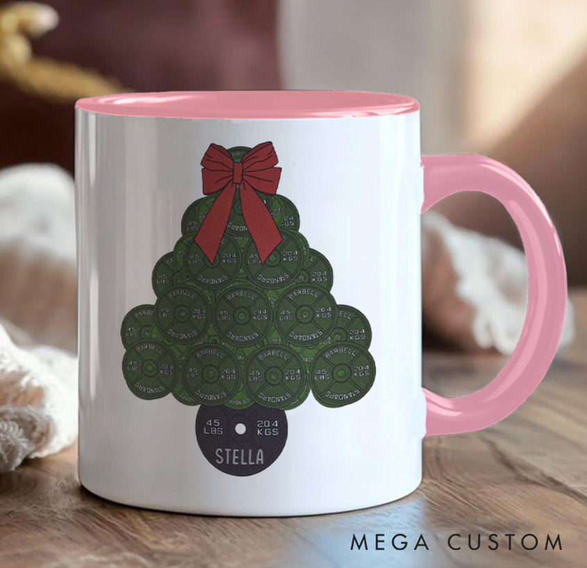 Personalized45lb Plate Christmas Tree Mug with Lifter Christmas Mug Gift Motivational Coffee Cup for Fitness Enthusiasts Bodybuilders and Gym Lovers