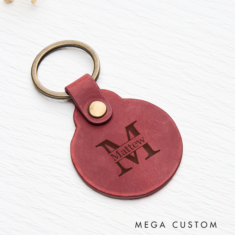 Personalized Leather Keychain for Men Custom Round Keychain with Name Engraved Leather Key Chain Anniversary Gift for Him Groomsmen Gift Birthday Gift