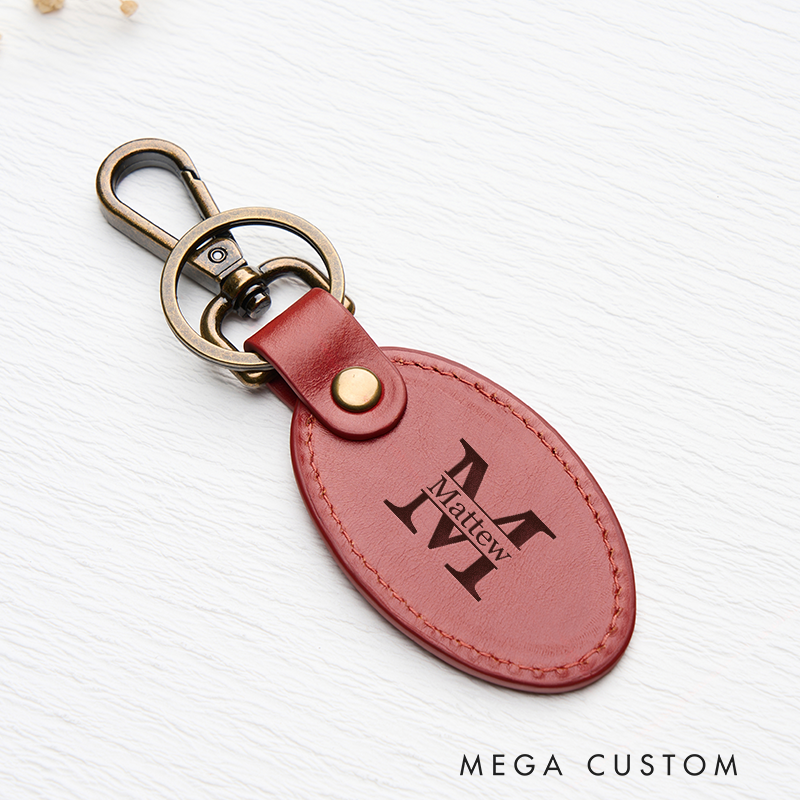 Personalized Leather Keychain for Men Custom Oval Keychain with Name Engraved Leather Key Chain Anniversary Gift for Him Groomsmen Gift Birthday Gift