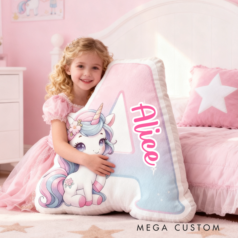 Personalized Cartoon Cute pink unicorn Initials with Name Graphic 3D Print Pillow Christmas Gift for Kids 