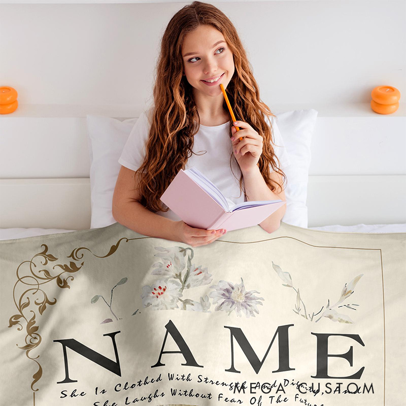 Personalized She is Clothed with Strength and Dignity Soft Throw Blanket for Women with Custom Name Home Decor Religious Birthday Gift for Wife Mom