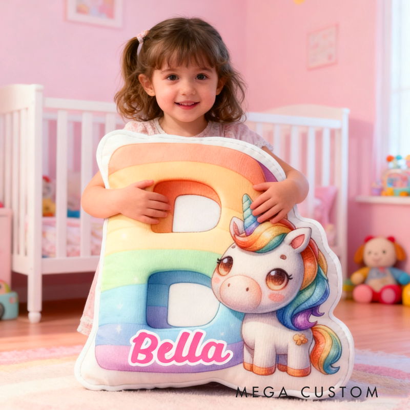 Personalized Cartoon Pink Unicorns Initials with Name Graphic 3D Print Pillow Christmas Gift for Kids 