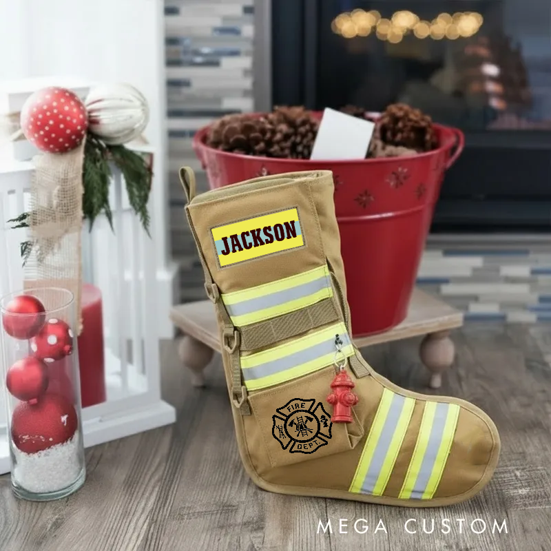 Personalized Firefighter Christmas Stocking with Custom Name and Reflective Stripes Unique Christmas Firefighter Gift