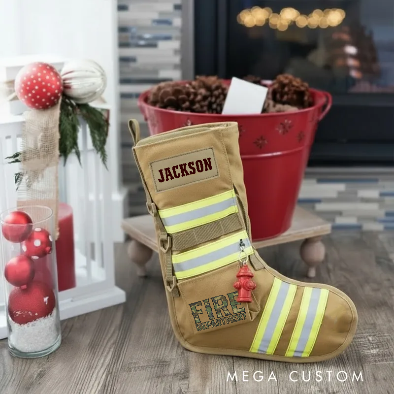 Personalized Firefighter Christmas Stocking with Custom Name Reflective Stripes and Fire Department Logo Perfect Holiday Gift