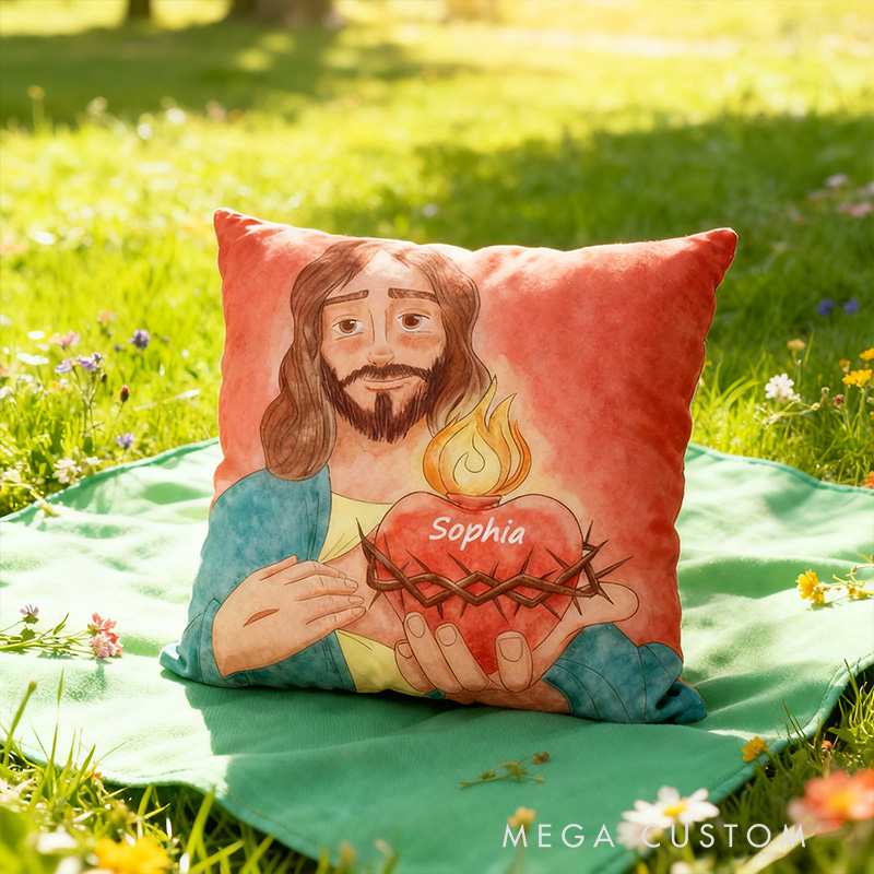 Personalized Sacred Heart of Jesus Throw Pillow Cover with Name Home Decor Jesus Warmth Pillow Religious Christian Gift