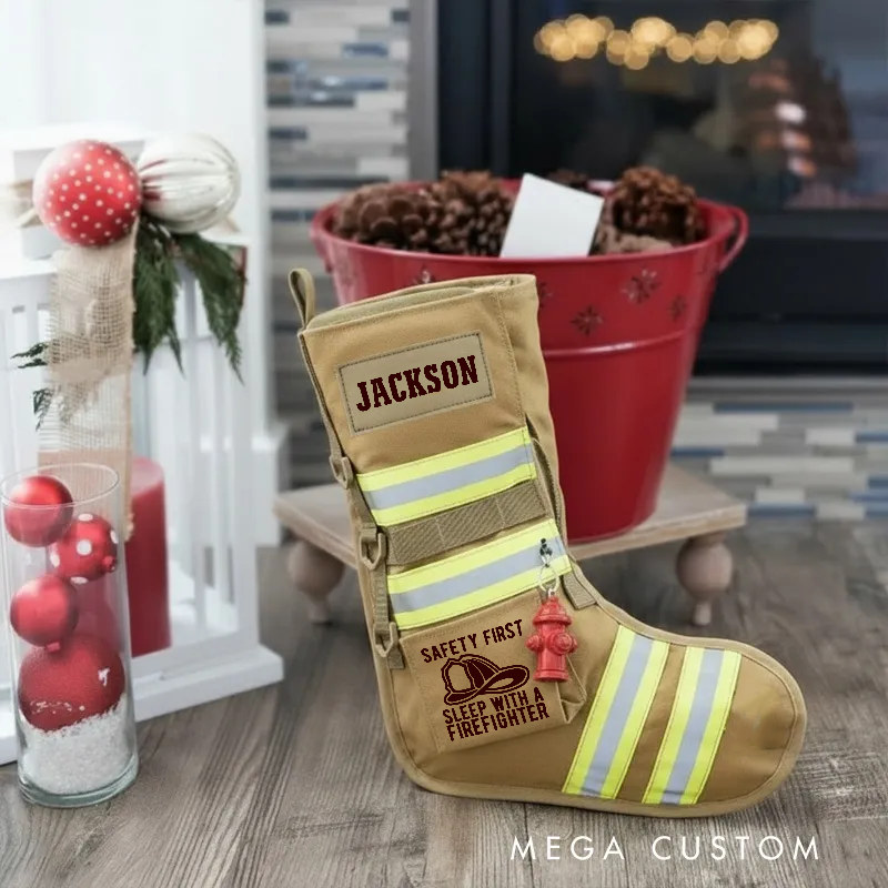Personalized Firefighter Christmas Stocking with Custom Name Reflective Stripes and Firefighter Dog Design Perfect Holiday Gift