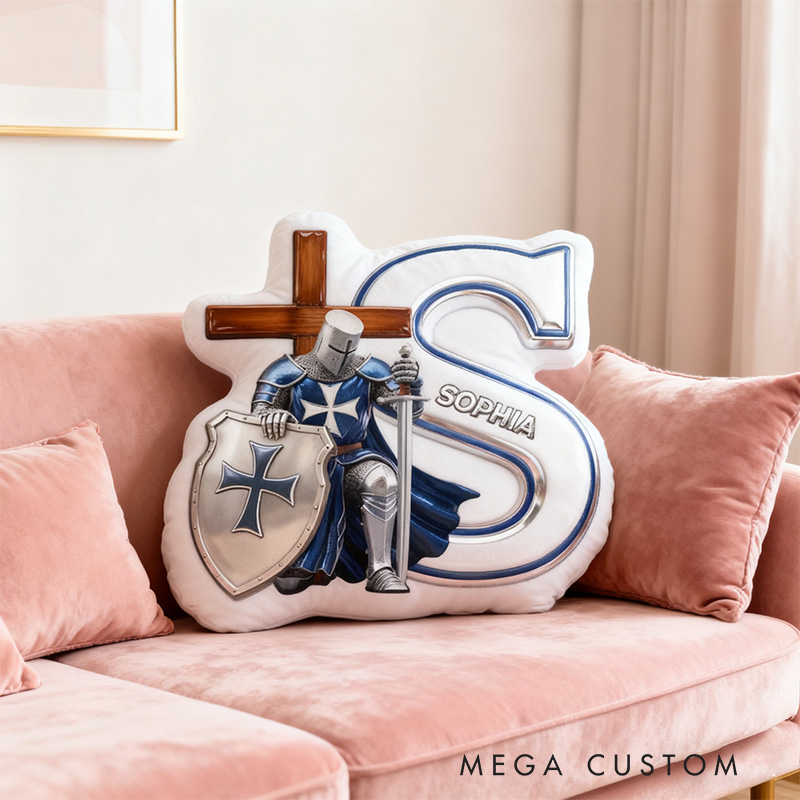 Personalized Knight of God Letter Pillow with Custom Name Home Decor Shield and Cross Graphic 3D Print Pillow Religious Christian Faith Gift