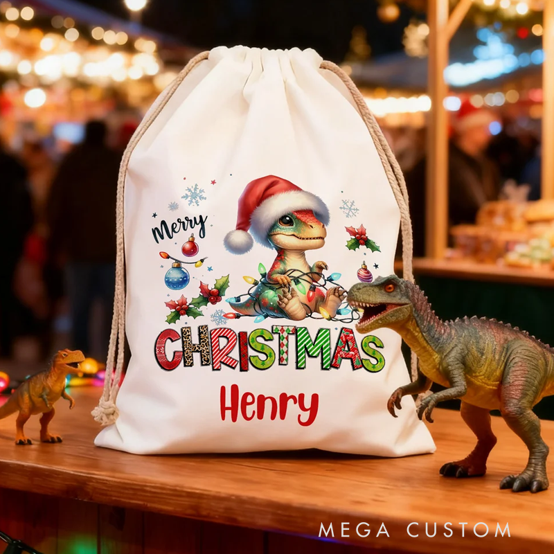 Personalized Lanterns Santa Hat Dinosaur Large Canvas Drawstring Gift Bag with Name Christmas Gift for Family Friends