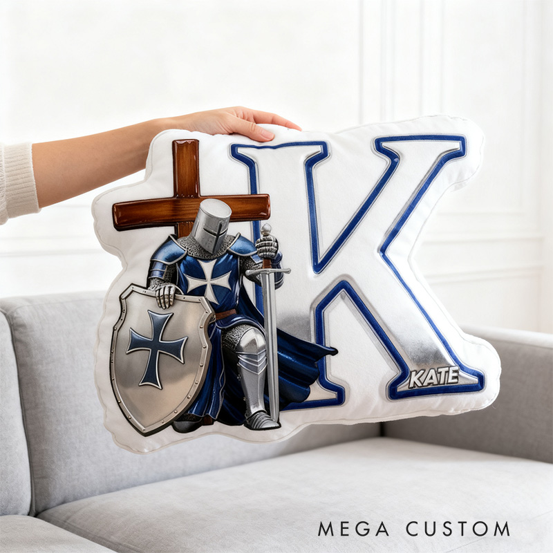 Personalized Knight of God Letter Pillow with Custom Name Home Decor Shield and Cross Graphic 3D Print Pillow Religious Christian Faith Gift