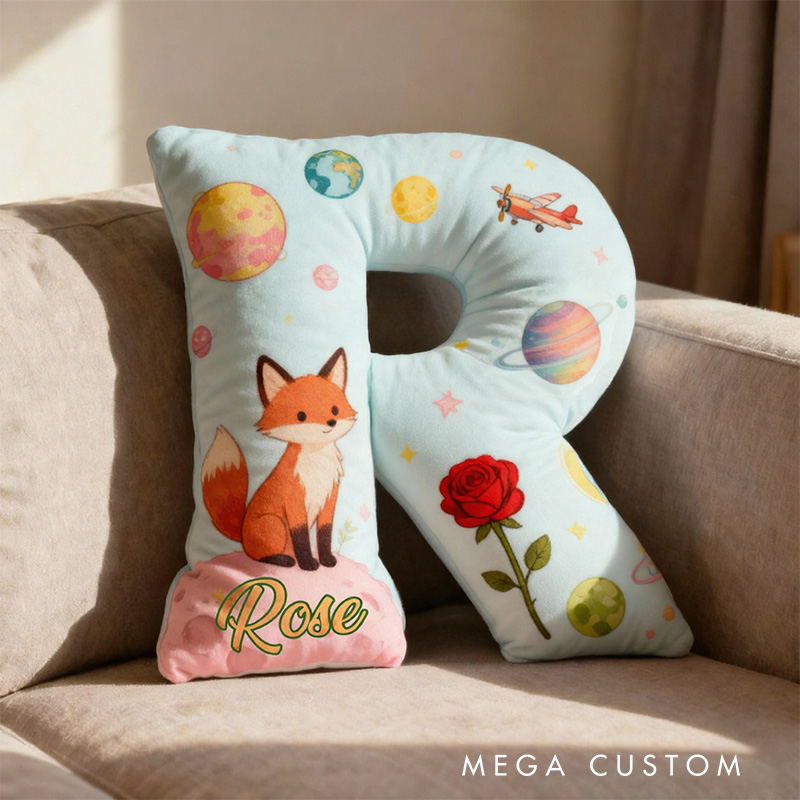 Personalized Cartoon Fox And Rose Alphabet Shaped Pillow for Cartoon Lovers Initial Pillow Christmas Gift for Kids