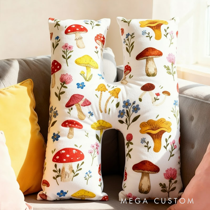 Personalized Cute Letter Pillow Whimsical Mushroom Flower Pillow for Kids Family Gardening Lover Gift