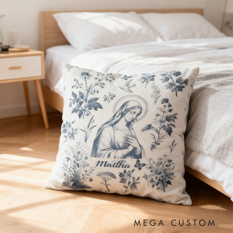 Personalized Catholic Virgin Mary Toile Throw Pillow Cover with Name Home Decor Our Lady Vintage Floral Catholic Throw Pillow Christian Gift for Women