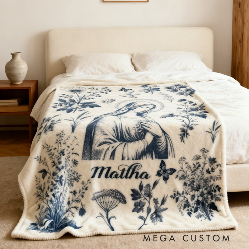 Personalized Catholic Virgin Mary Toile Soft Throw Blanket with Name Home Decor Our Lady Vintage Floral Catholic Marian Blanket Christian Gift for Her