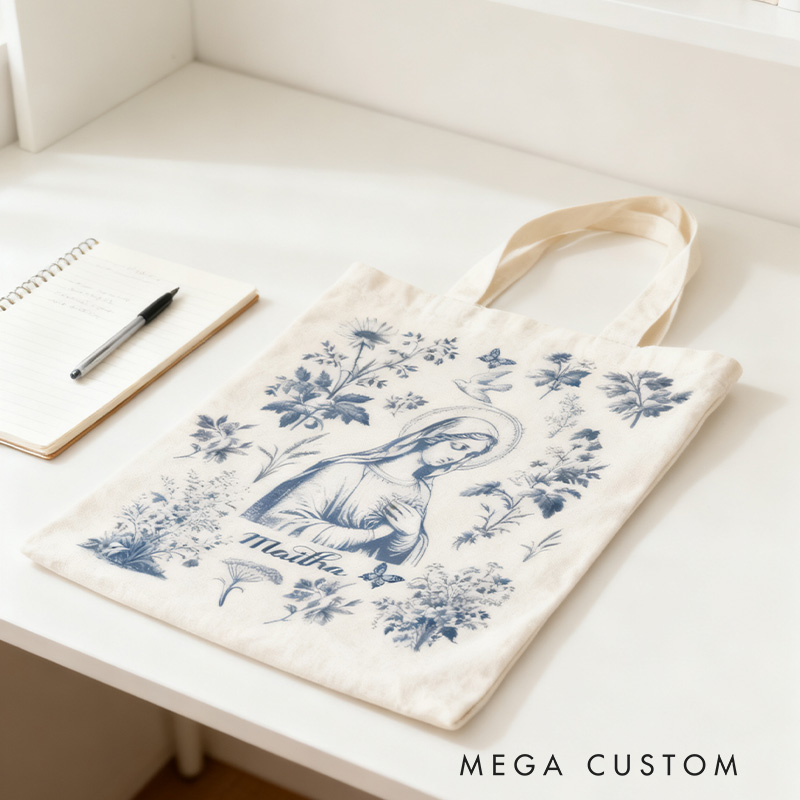 Personalized Catholic Virgin Mary Toile Canvas Tote Bag with Name Daily Use Our Lady Bag Vintage Floral Marian Catholic Tote Christian Gift for Women
