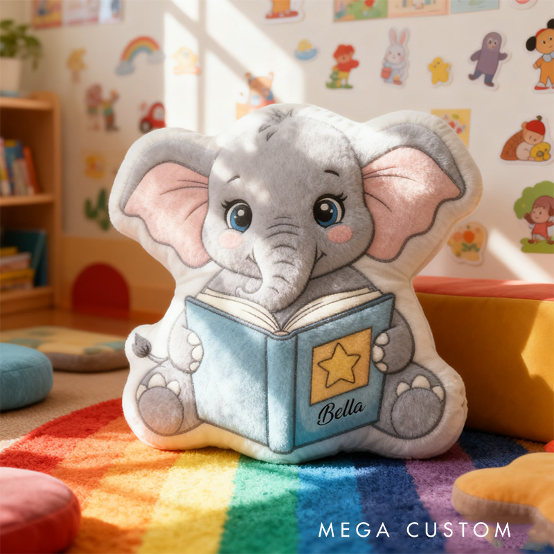 Personalized Reading Elephant Throw Pillow Graphic 3D Print Animal Pillow with Name for Kids Boys Girls Book Lover Gifts Birthday Gift