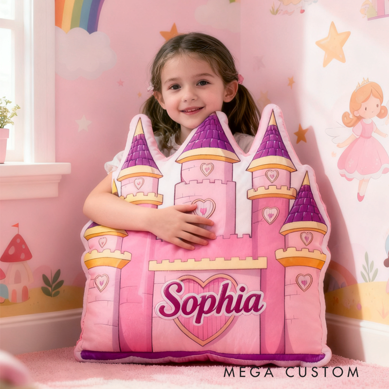 Personalized Cute Pink and Purple Castle with Name Graphic 3D Print Pillow Christmas Gift for Kids 