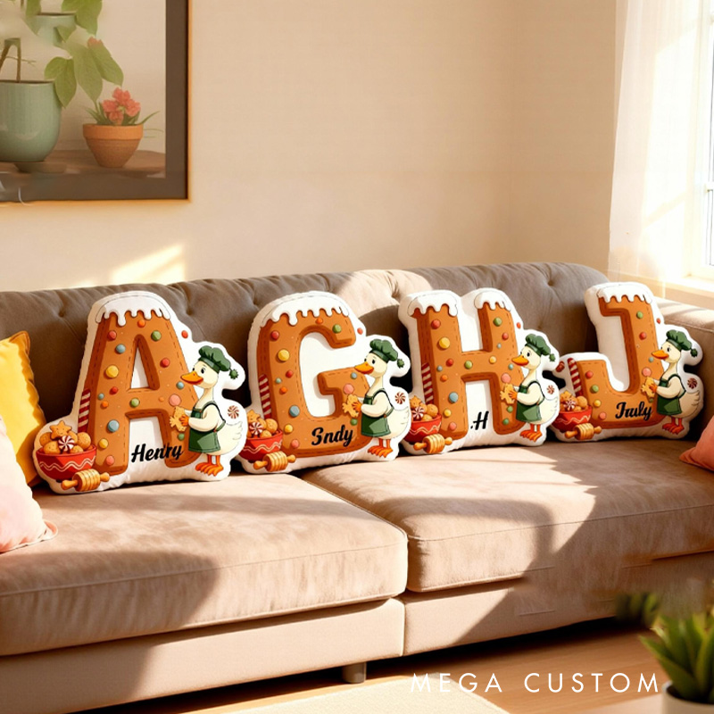 Personalized Christmas Goose Alphabet Throw Pillow Graphic 3D Print Gingerbread Letters with Name Goose Baker Festive Decor Gift for Kids Boys Girls Family 