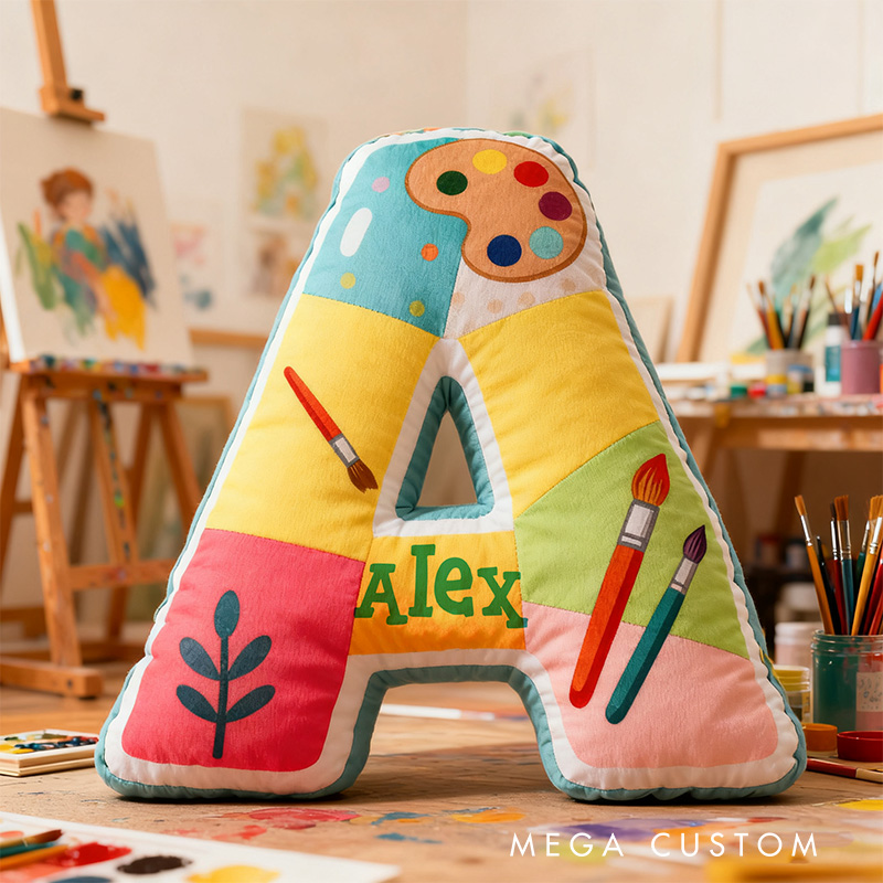 Personalized Graphic 3D Print Little Artist Alphabet Shaped Pillow for Art Lovers Initial Pillow Christmas Gift for Kids