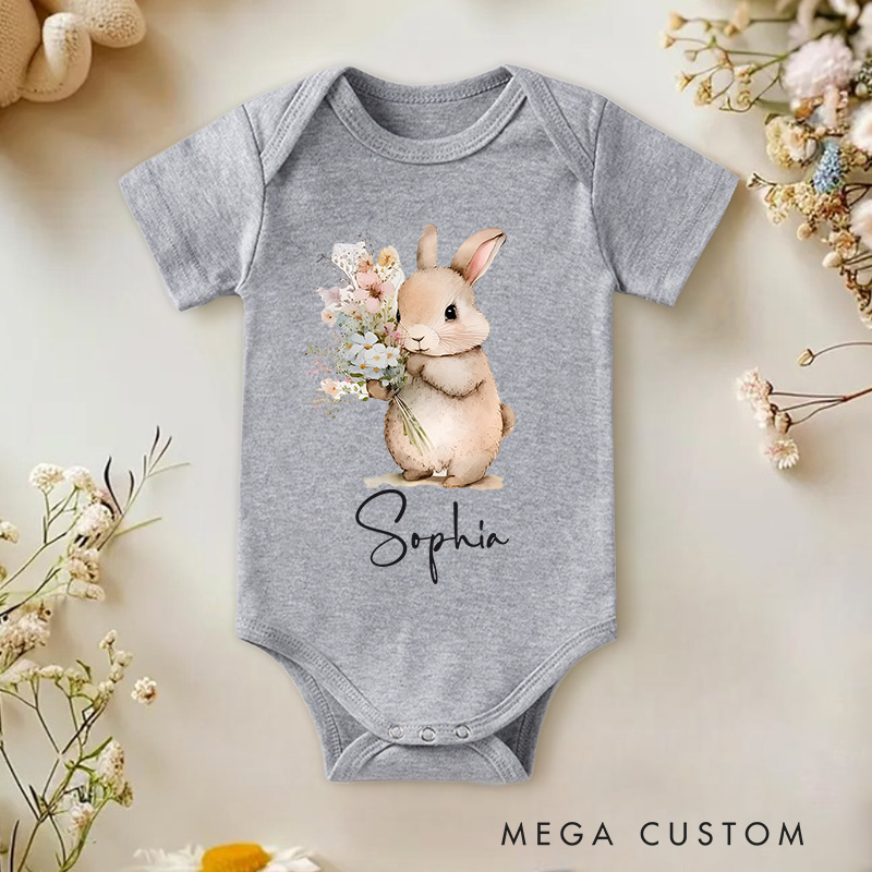 Personalized Easter Cute Bunny With Flower Baby Name Baby Onesie Gift for Newborn Easter Gifts 
