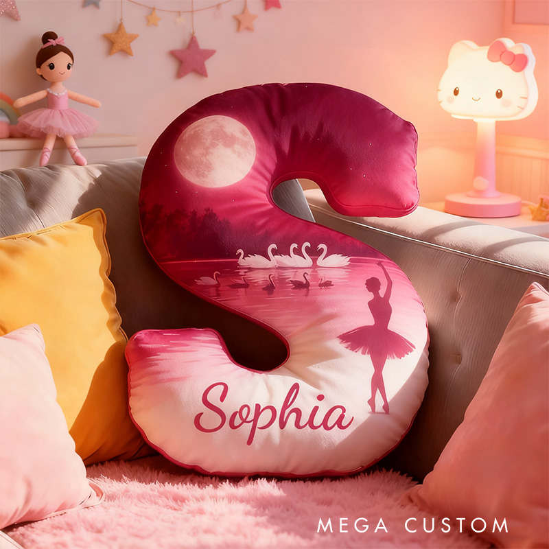 Personalized Graphic 3D Print Swan Ballerina Alphabet Shaped Pillow for Dance Lovers Initial Pillow Christmas Gift for Kids