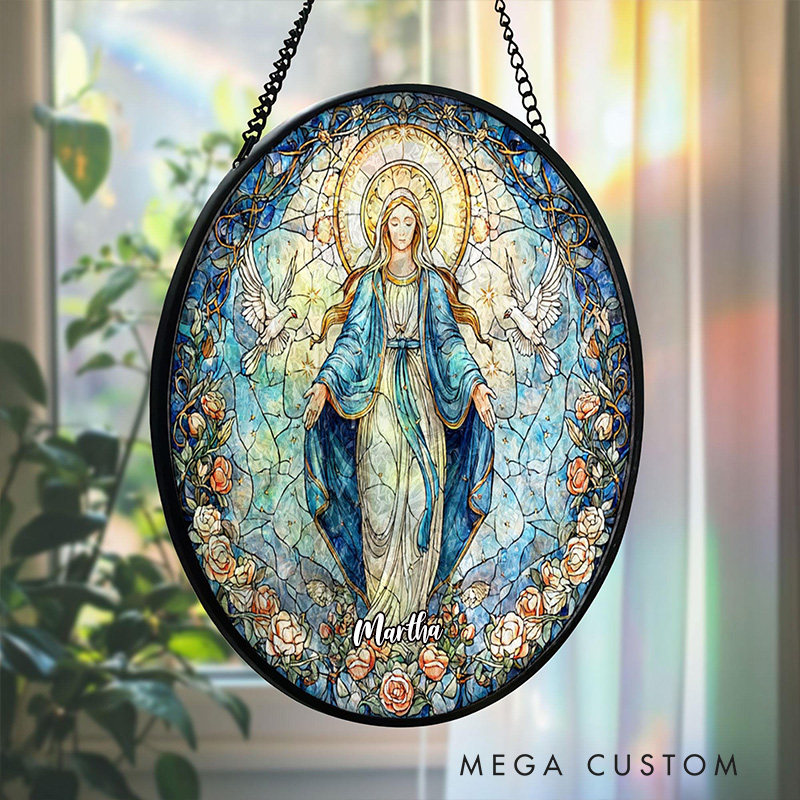 Personalized Virgin Mary Stained Glass Suncatcher Ornament with Name Our Lady of Grace Round Window Hanging Blue Rose Halo Home Decor Catholic Gift