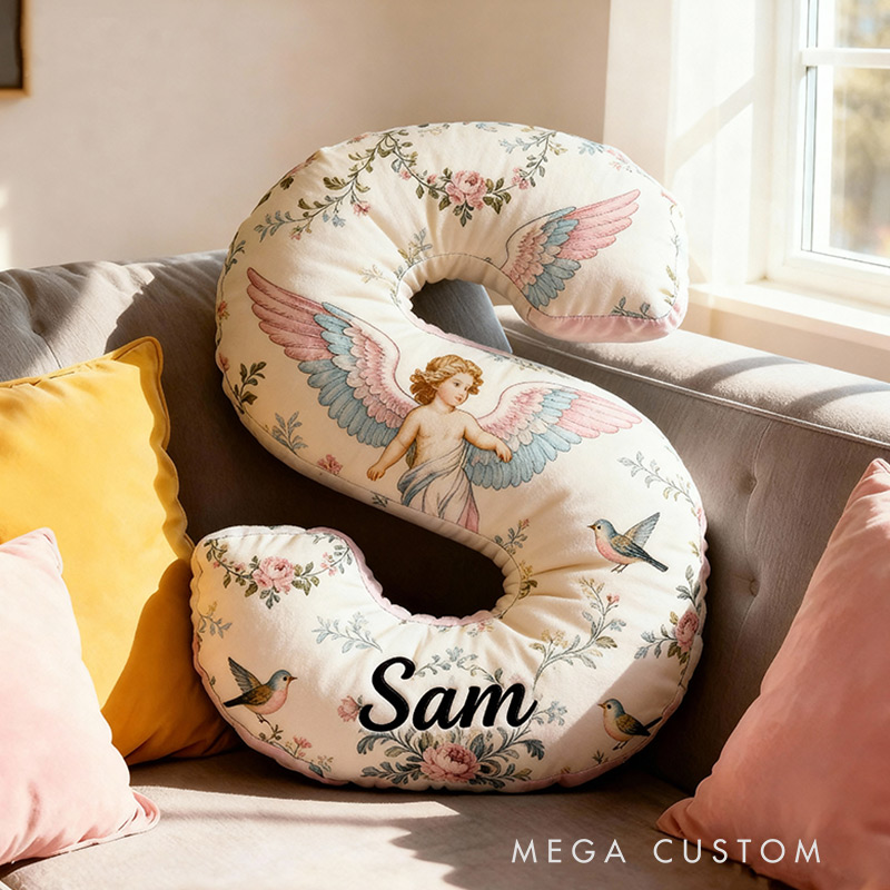 Personalized Letter Pillow Graphic 3D Print Angle Wings Custom Name Design Pillow for Family Gift