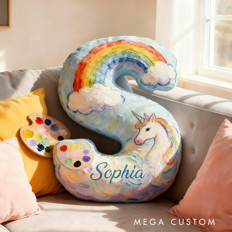 Personalized Graphic 3D Print Oil Painting Style Rainbow Alphabet Shaped Pillow for Art Lovers Initial Pillow Christmas Gift for Kids