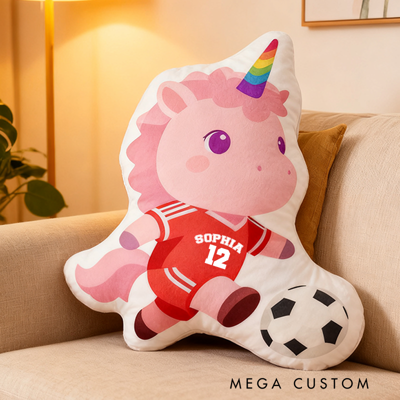 Personalized Unicorn Soccer Pillow with Custom Name and Number Design