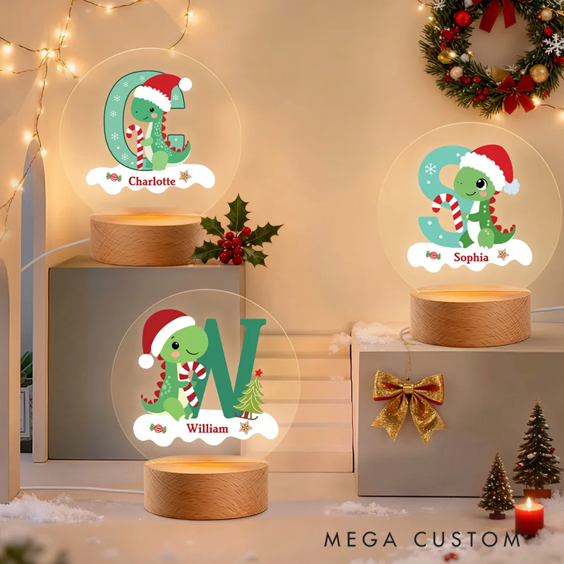 Personalized Santa Hat Dinosaur Initial LED Night Light with Name and Wooden Base Home Decor Christmas Gift for Kids