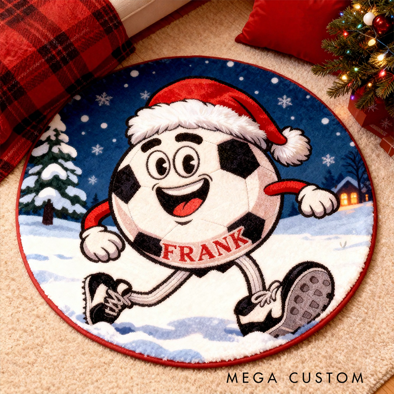 Personalized Christmas Soccer Rug with Custom Name and Festive Design