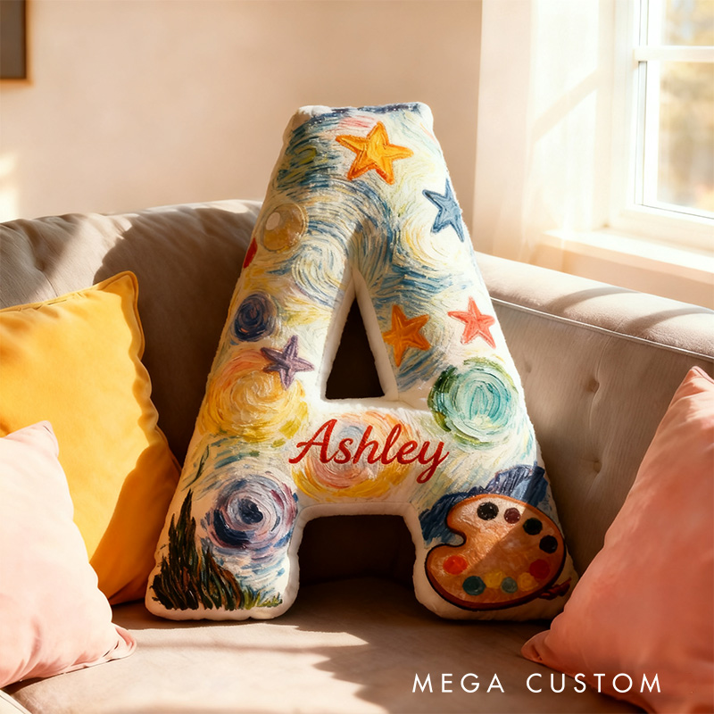 Personalized Graphic 3D Print Van Gogh Inspired Moonlight Night Alphabet Shaped Pillow for Art Lovers Initial Pillow Christmas Gift for Kids