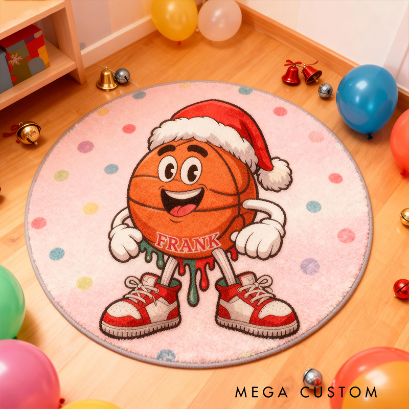 Personalized Christmas Basketball Rug with Custom Name and Festive Design