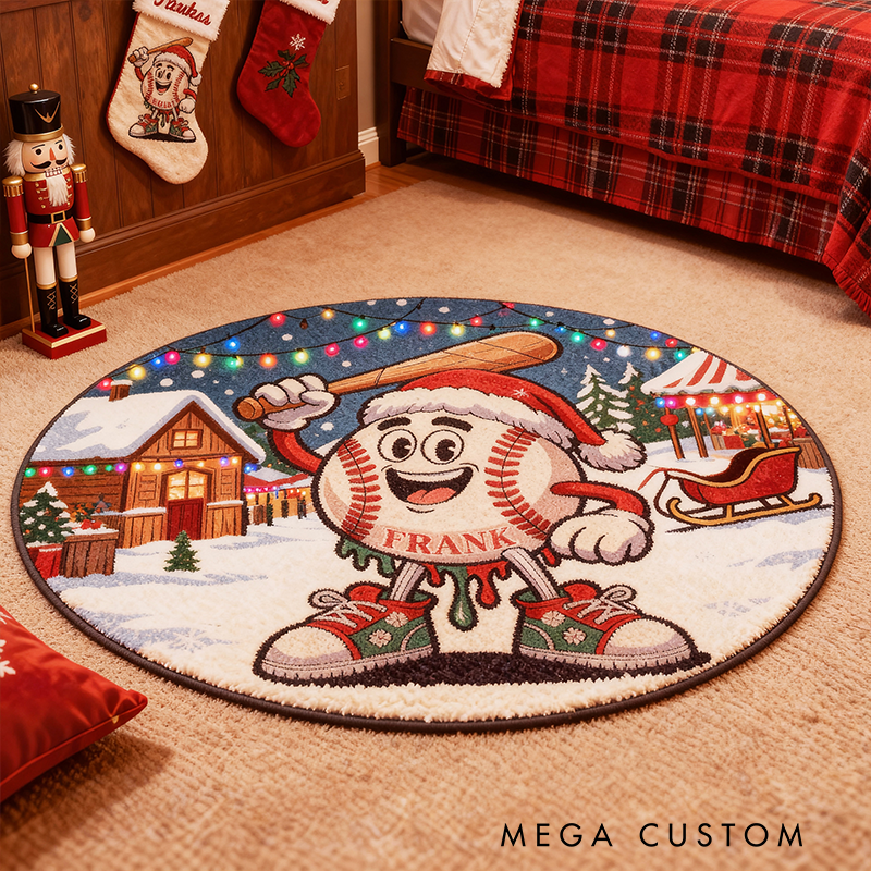 Personalized Christmas Baseball Rug with Custom Name and Festive Design