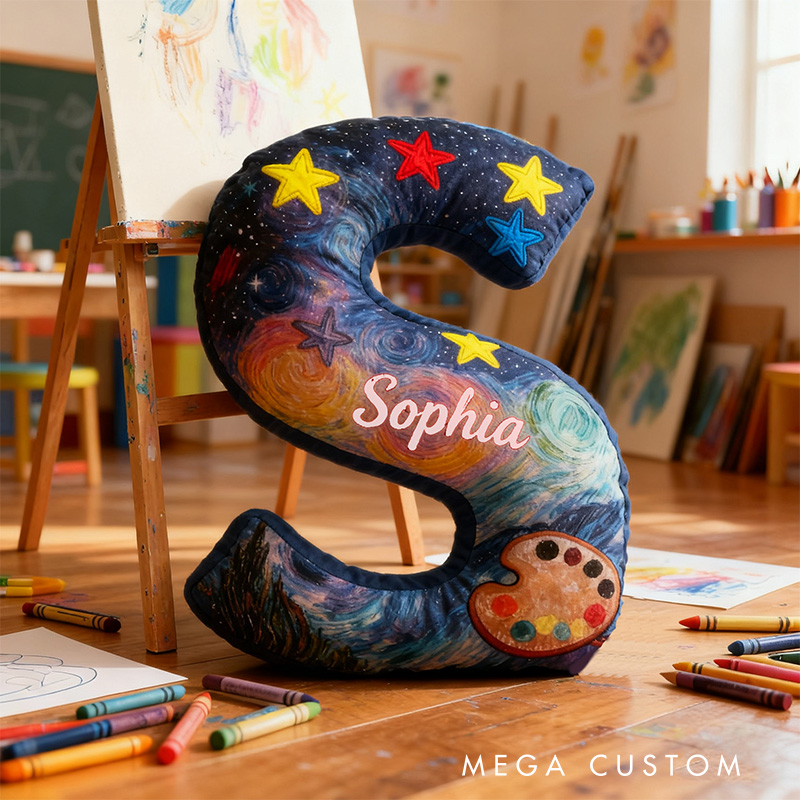 Personalized Graphic 3D Print Van Gogh Inspired Starry Night Alphabet Shaped Pillow for Art Lovers Initial Pillow Christmas Gift for Kids