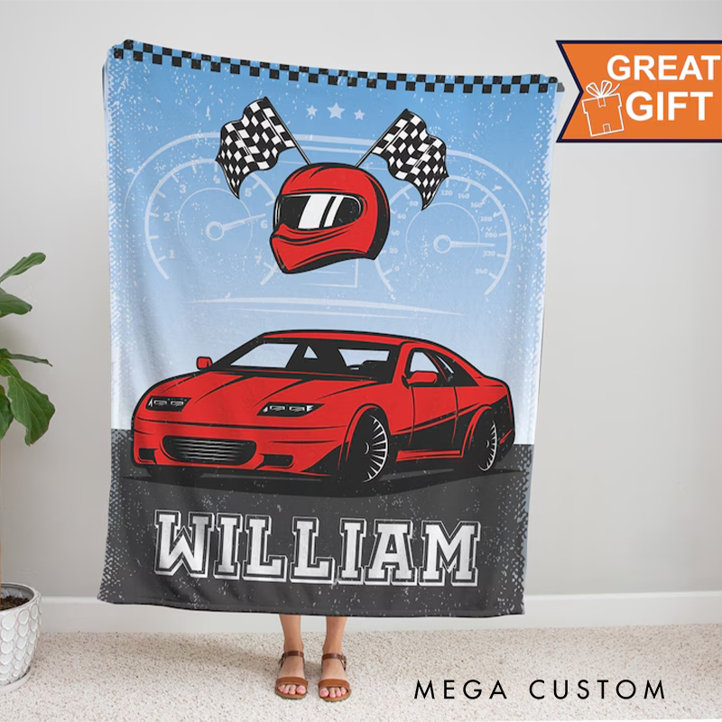 Personalized Racing Blanket Custom Name Soft Cozy Sherpa Fleece Throw Blankets Sport Gift