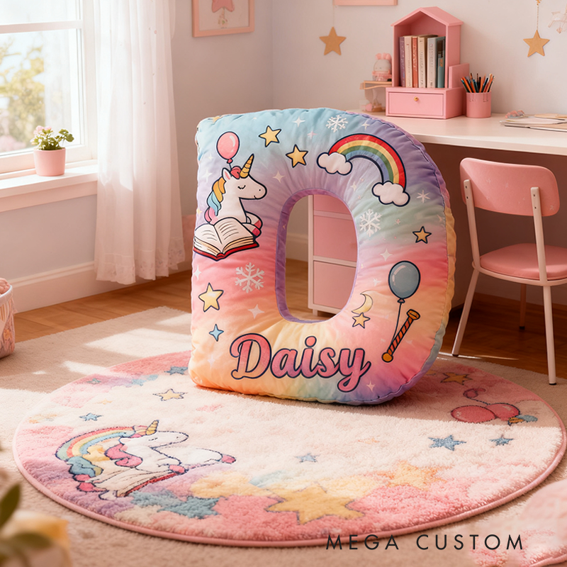 Personalized Gradient Letter Pillow with Unicorn Stars Moon Balloons and Whimsical Fairytale Magic Inspired Graphic 3D Print Pillow Christmas Gift