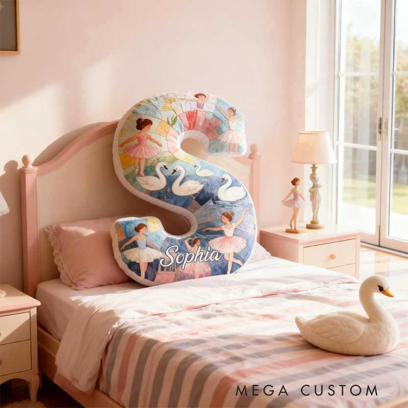 Personalized Graphic 3D Fantacy Swan Ballet Alphabet Shaped Pillow for Dance Lovers Initial Pillow Christmas Gift for Kids