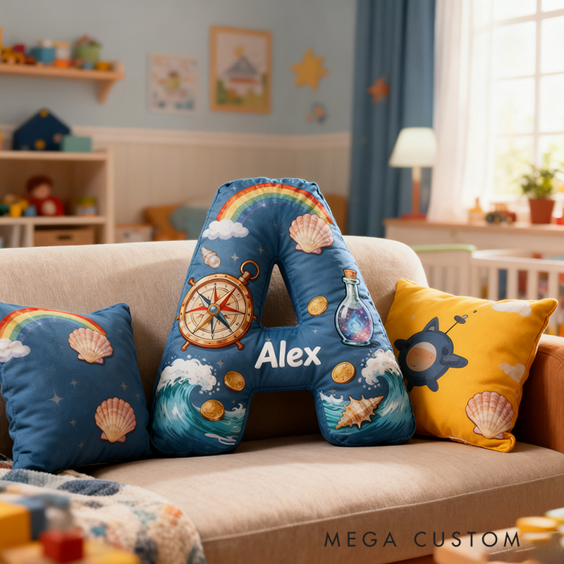 Personalized Nautical Adventure Pillow with Compass Waves Rainbow Shells Gold Coins and Magic Bottle Design Graphic 3D Print Pillow